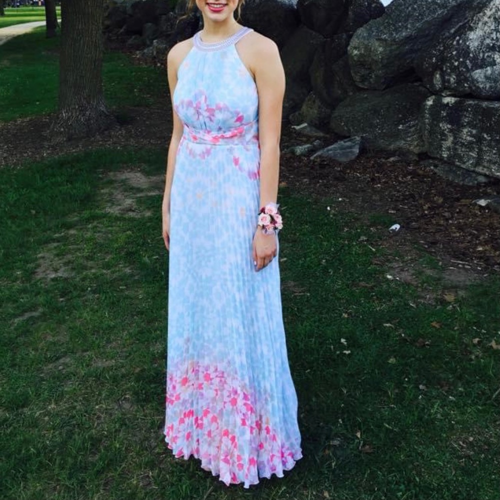 Betsy & Adam Floor Length Floral Pleated Gown